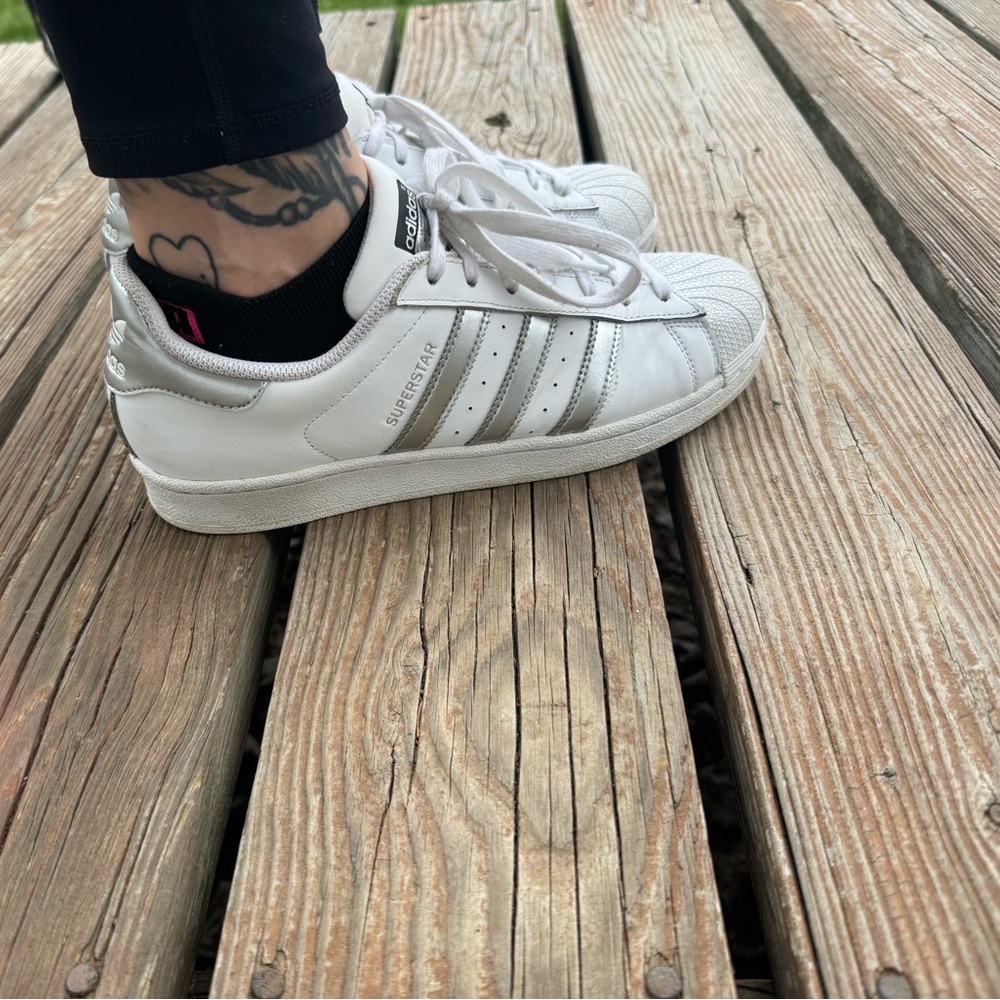 Adidas Superstar Women’s White and Silver Sneakers Size 9
